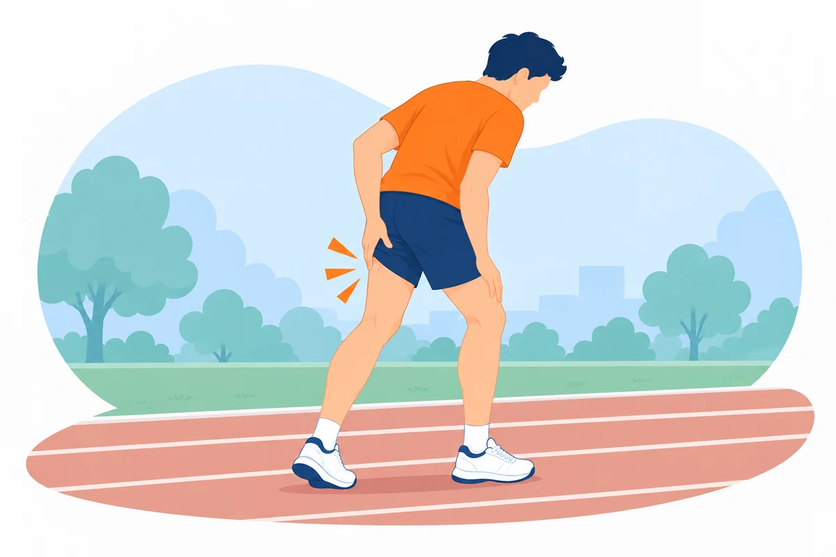 陸上トラックで太もも裏を押さえて立ち止まるランナーのイメージイラスト